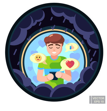 Lover freand family cheer up depressed boy man via smart phone tablet. Care and support in stressful time, shelter against problem in chat