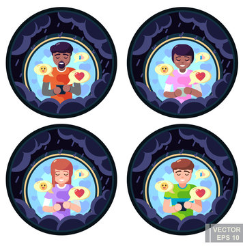 Lover freand family cheer up depressed girl boy man women via smart phone tablet. Care and support in stressful time, shelter against problem in chat