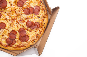 Hot Sliced Pepperoni Pizza In Delivery Box
