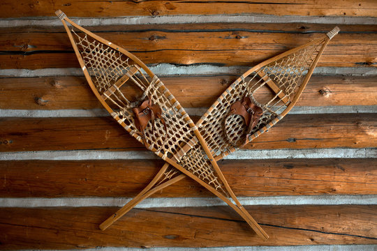 Pair of snow shoes hanging on a wooden wall