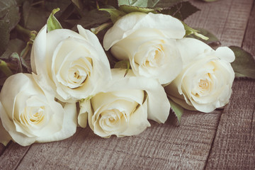 Soft full blown white roses as a neutral background on wooden board. Selective focus. Toned image.