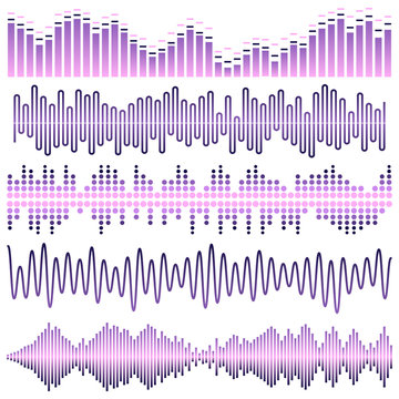 Vector set of violet sound waves. Audio equalizer. Sound & audio waves isolated on white background.
