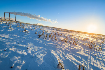 Pipes Factory on a background of winter field