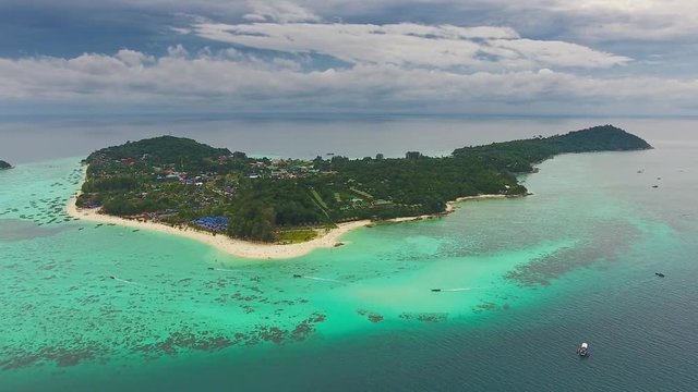 Aerial view on tropical Koh Lipe island on the background of a stormy sky, Thailand, 4k
