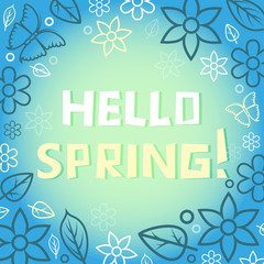 word hello spring and frame with flowers and butterflies