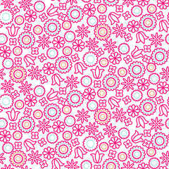 Pink line floral seamless vector pattern. Plant leaves, tulips and flowers female dense background.