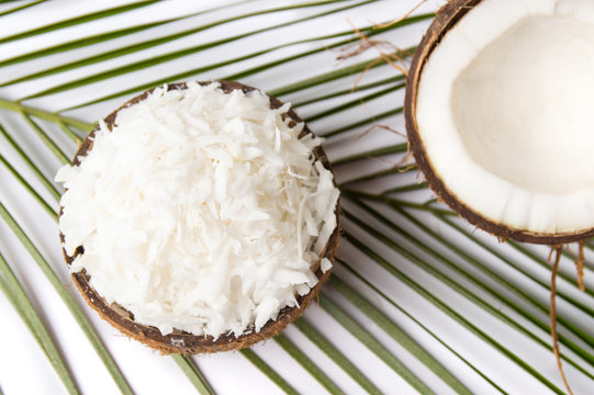 grated coconut fruit in a shell