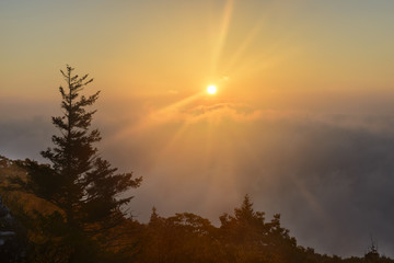 Fototapeta premium Dramatic Sunrise from Mountain Top with Foggy Valley