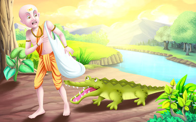 Fototapeta na wymiar The Brahman and the Crocodile story