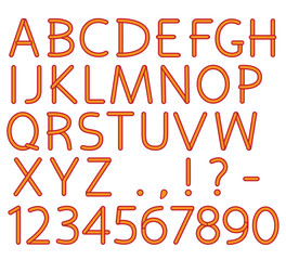 English alphabet and numbers. Capital letters and punctuation marks. Pattern brush is included in vector file.