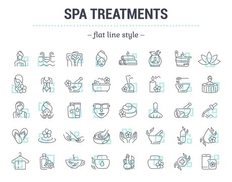 Vector graphic set.Icons in flat, contour,thin and linear design.Spa treatment.Alternative medicine.Simple isolated icon on white background.Concept illustration for Web site, app.Sign,symbol,element.
