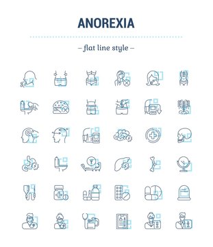 Vector graphic set.Icons in flat, contour,thin, minimal and linear design. Psychological disease.Vomiting, weight loss. Symptoms, disorder. Concept simple isolated icons.Sign,symbol,element.