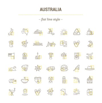 Vector graphic set. Silhouette, logo, icon. Australian continent. Linear, flat, contour, thin. App, Web site template. Concept Australian culture, animals, traditions. Sign, element, emblem, symbol.
