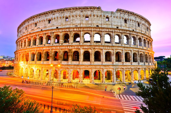 View of Colosseum at dusk in Rome, Italy
