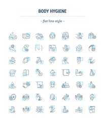 Vector graphic set.Icons in flat, contour,thin, minimal and linear design.Care of body.Hygiene products.Body wash, epilation, depilation, peeling.Concept of simple isolated icons.Sign,symbol,element.