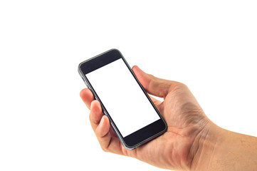 Male hand holding white blank screen smart mobile phone