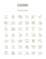 Vector graphic set of icons in flat, contour, lined, outline, minimal, thin and linear design. Slot machine, casino, poker. Gambling. Concept infographic for Web site and app. Online card game.