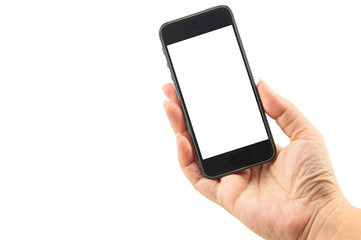 Female hand holding white blank screen smart mobile phone