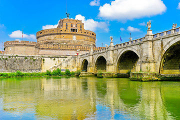 View of the Castel Sant'Angelo and Aelian Bridge across Tiber River in Rome 