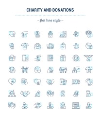 Vector graphic set. Icons in flat, contour, thin and linear design.Charity and donation.Simple icon on white background.Concept illustration for Web site, app.Sign, symbol, emblem.