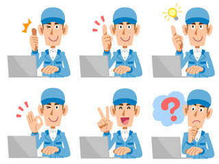 ノートパソコン　作業スタッフ　表情と仕草のセット
