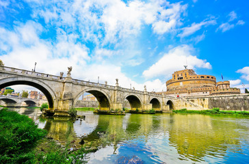 View of the Castel Sant'Angelo and Aelian Bridge across Tiber River in Rome 