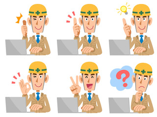 ノートパソコン　作業スタッフ　表情と仕草のセット
