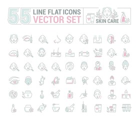 Vector graphic set.Icons in flat, contour,thin and linear design.Cosmetology. Skin care.Simple isolated icons.Concept illustration for Web site app.Sign,symbol,element.