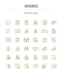 Vector graphic set. Icons in flat, contour,thin, minimal and linear design. Break up. Trial and verdict. Broken family. Simple isolated icons.Concept illustration for Web site app.Sign,symbol,element.