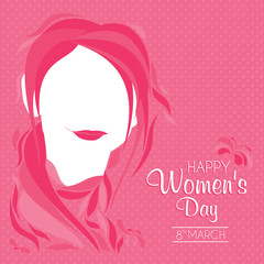 An abstract illustration of a woman with pink design elements on a pink background in celebration of Women's Day