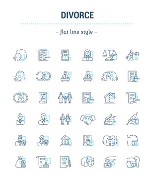 Vector set of icons in linear design. Divorce and the legal process. Elements of property division, child custody, alimony, infidelity, lawsuits and divorce. template for website, advertising.