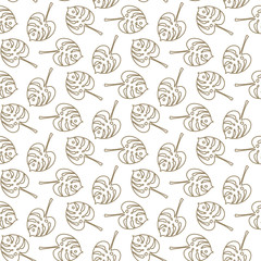 Monstera tropic plant outline leaves seamless pattern. Stylized line leaf gold and white background.