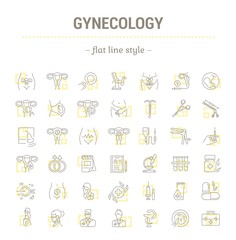 Vector graphic set.Icons in flat, contour,thin, minimal and linear design.Gynecology, gynecological problem and disease.Simple isolated icons.Concept illustration for Web site app.Sign,symbol,element.