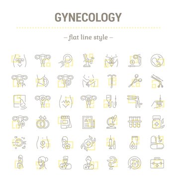 Vector graphic set.Icons in flat, contour,thin, minimal and linear design.Gynecology, gynecological problem and disease.Simple isolated icons.Concept illustration for Web site app.Sign,symbol,element.
