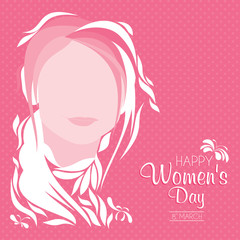 An abstract illustration of a woman with white design elements on a pink background in celebration of Women's Day