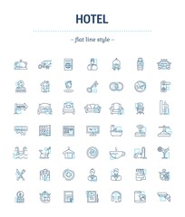 Vector graphic set.Icons in flat, contour,thin and linear design.Hotel and its services.Simple isolated icon on white background.Concept illustration for Web site, app.Sign,symbol,emblem.
