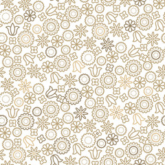 Gold line floral 8 March seamless vector pattern. Plant leaves, tulips and hearts feminine background.