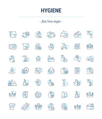 Vector graphic set.Icons in flat, contour,thin, minimal and linear design.Human hygiene products.Protection from bacteria.Healthy lifestyle.Concept of simple isolated icons.Sign,symbol,element.