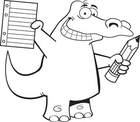 Black and white illustration of a alligator holding a pencil and paper.