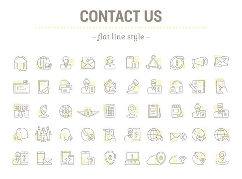 Vector graphic set. Icons in flat, contour,thin and linear design.Contact us. Information Support.Simple isolated icons.Concept illustration for Web site app.