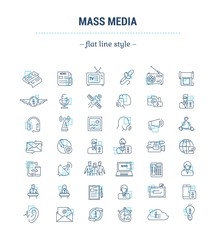 Vector graphic set.Icons in flat, contour,thin and linear design.Mass media.Organs of public opinion.Simple isolated icon on white background.Concept illustration for Web site, app.Sign,symbol,emblem.