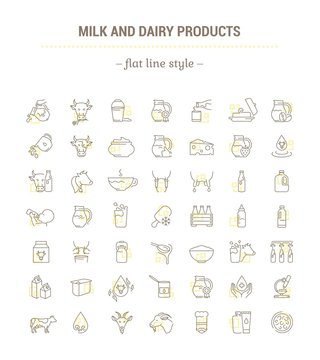 Vector graphic set.Icons in flat, contour,thin, minimal and linear design.Natural dairy production. Healthy nutrition..Simple isolated icons.Concept illustration for Web site app.Sign,symbol,element.