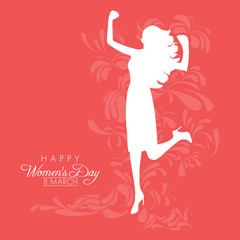 Happy Womens Day greeting card or poster design with white silhouette of an empowered girl on a red background with abstract floral design