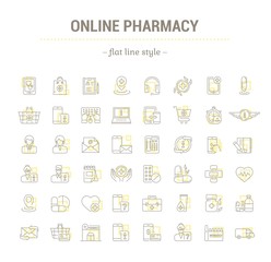 Vector graphic set.Icons in flat, contour,thin, minimal and linear design.Online pharmacy. Mobile medical advice.Simple isolated icons.Concept illustration for Web site app.Sign,symbol,element.