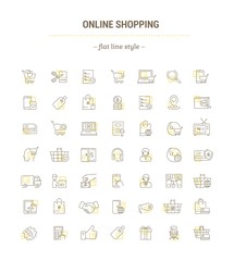 Vector graphic set. Icons in flat, contour,thin, minimal and linear design.Online shopping. Internet shop.Order,purchase, payment.Simple isolated icons.Concept of web site and app.Sign,symbol,element.