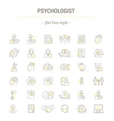 Vector graphic set.Icons in flat, contour,thin, minimal and linear design.Psychologist. Types of psychological support. Simple isolated icons.Concept illustration for Web site app.Sign,symbol,element.