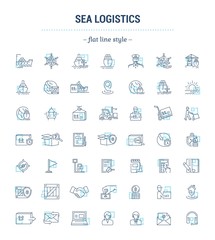 Vector graphic set. Icons in flat, contour, thin, minimal and linear design.Sea Logistics. Sending freight by sea route. Simple icon on white background. Concept for Web site, app.Sign,symbol,emblem.