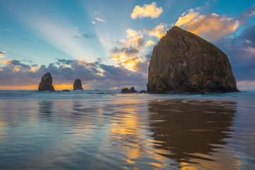 Dramatic sunset over haystack rock