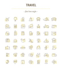 Vector graphic set. Icons in flat, contour, thin, minimal, linear design.Travel around the world.Travel business. Types of tourism.Simple isolated icons.Concept illustration for Web site.Sign, symbol.