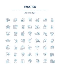 Vector graphic set. Icons in flat, contour,thin, minimal and linear design.Vacation. Summer time. travel and tourism.Holiday.Simple isolated icons.Concept infographic for web site and app.Sign,symbol.